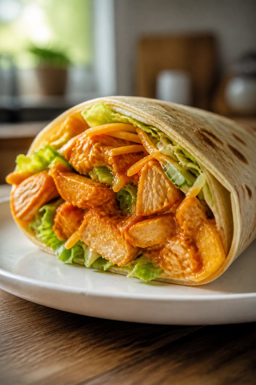 Buffalo chicken wrap on plate showing saucy filling with lettuce and cheddar