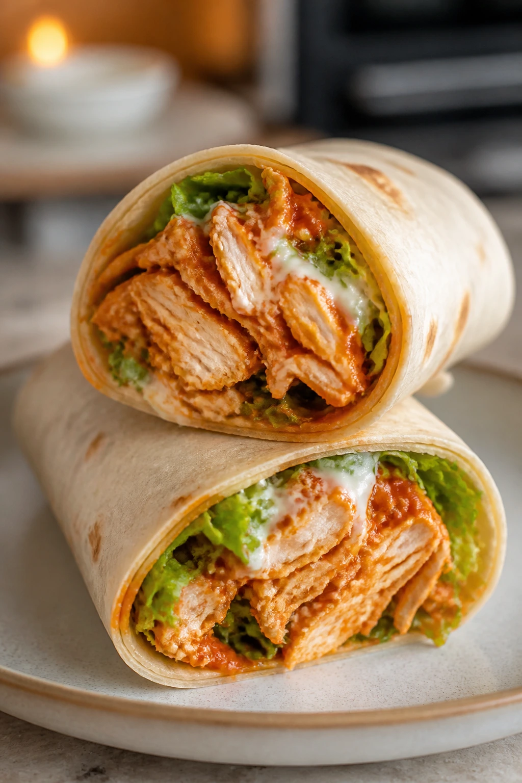 Close-up of buffalo chicken wraps on a plate