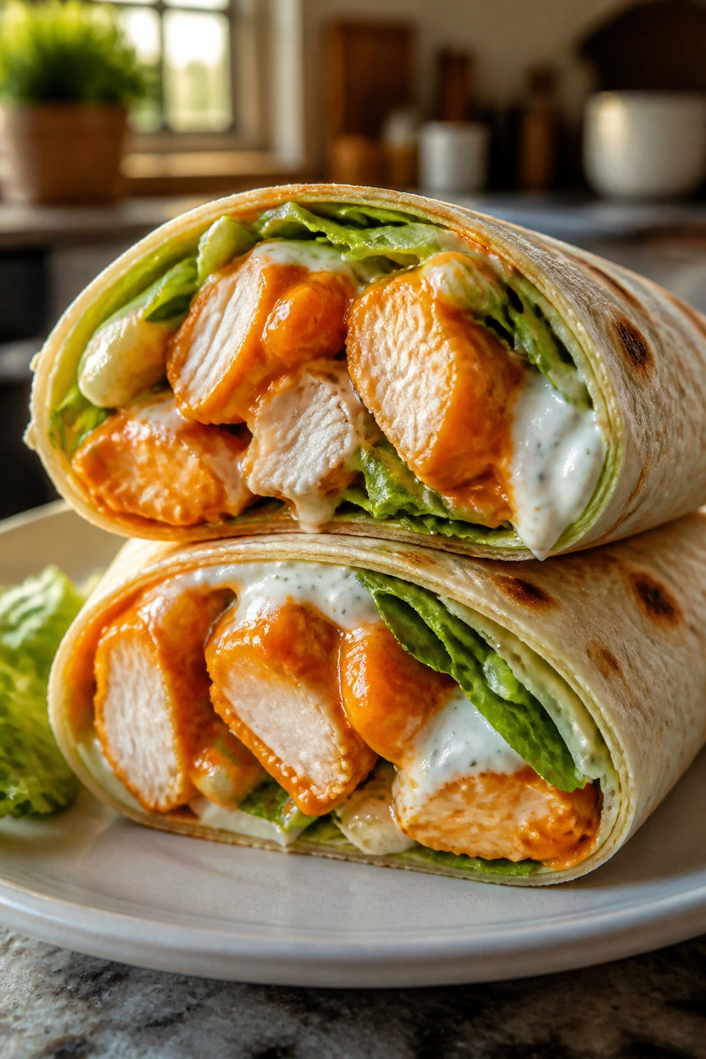 Buffalo chicken wrap cut in half showing filling
