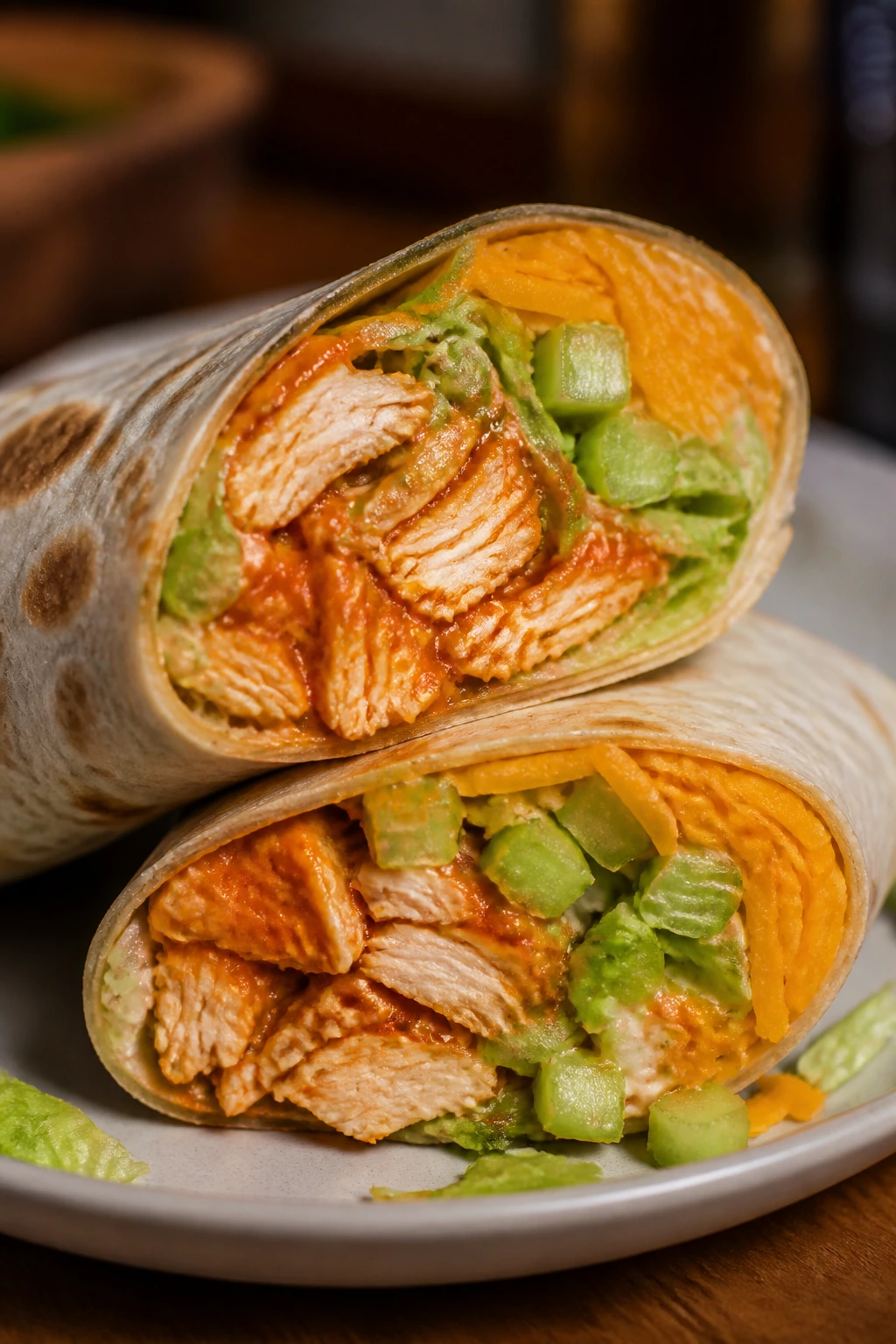 Buffalo chicken wrap cut open showing filling of chicken lettuce celery and cheese