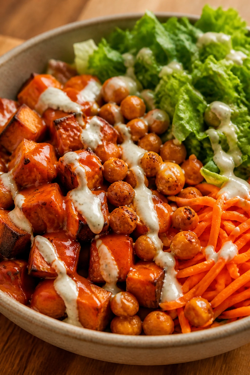 Buffalo chickpea and sweet potato bowl with greens and yogurt
