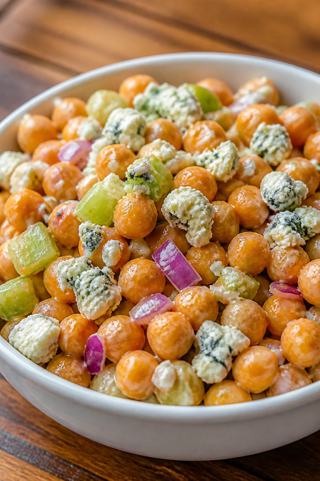Close-up of Buffalo Chickpea Salad with orange-tinted chickpeas, celery, red onion, and blue cheese in a bowl