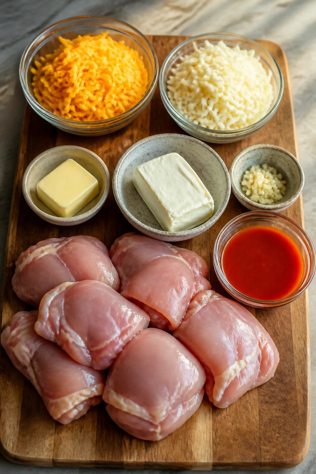Ingredients ready on cutting board for buffalo chicken bake