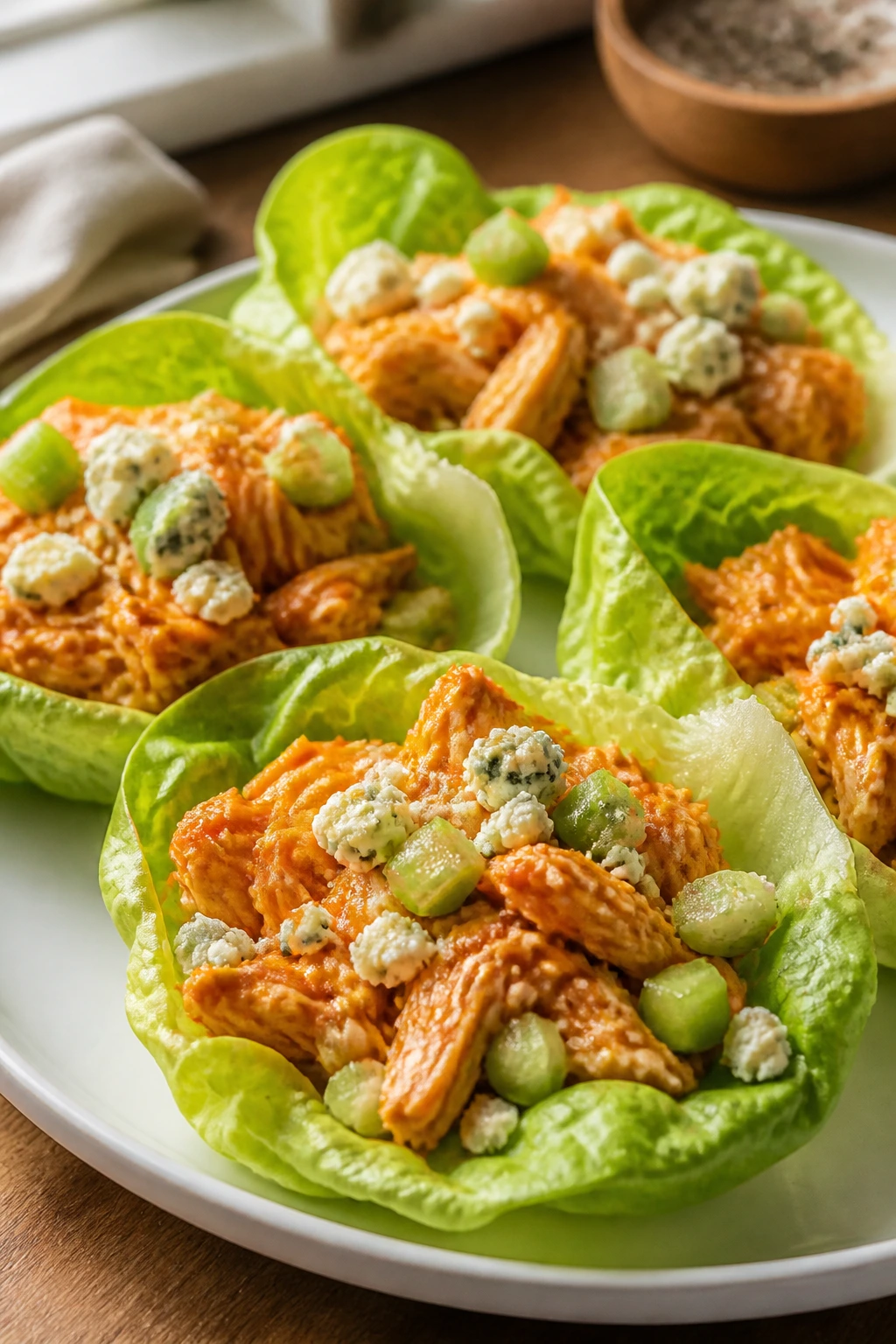 Close-up of buffalo chicken lettuce wraps with celery and blue cheese