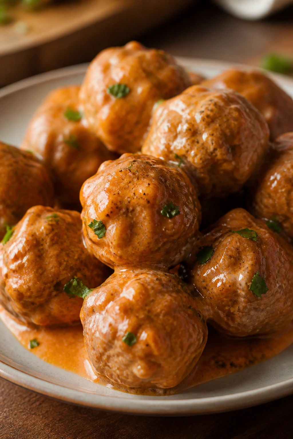 Beef meatballs glazed in buffalo ranch sauce on a plate
