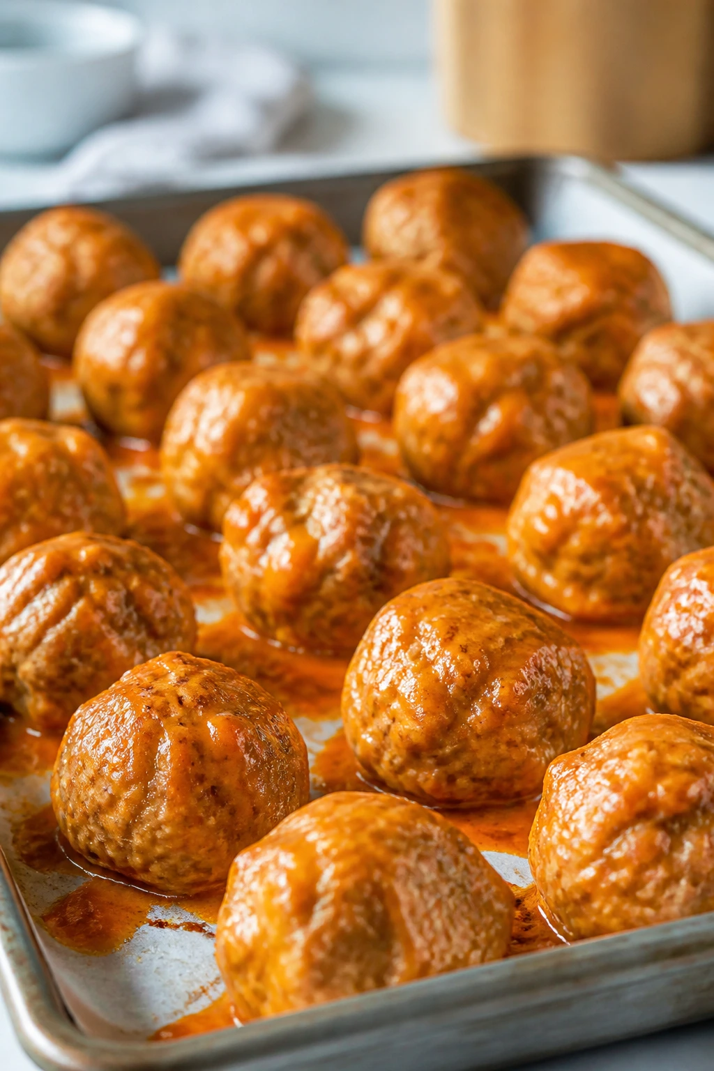 Beef meatballs with buffalo ranch glaze on parchment