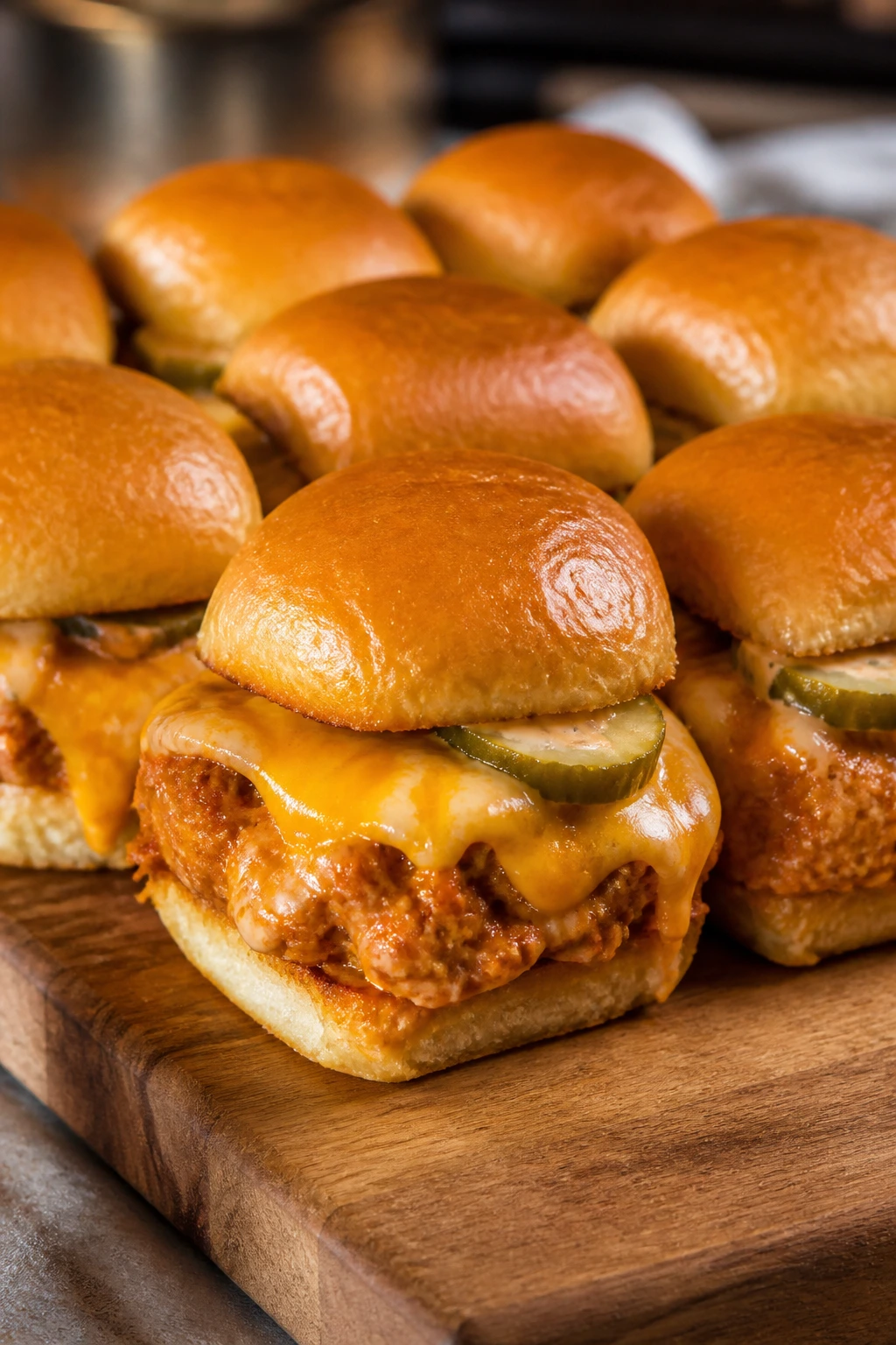 Close-up of buffalo ranch cheeseburger sliders on wooden board