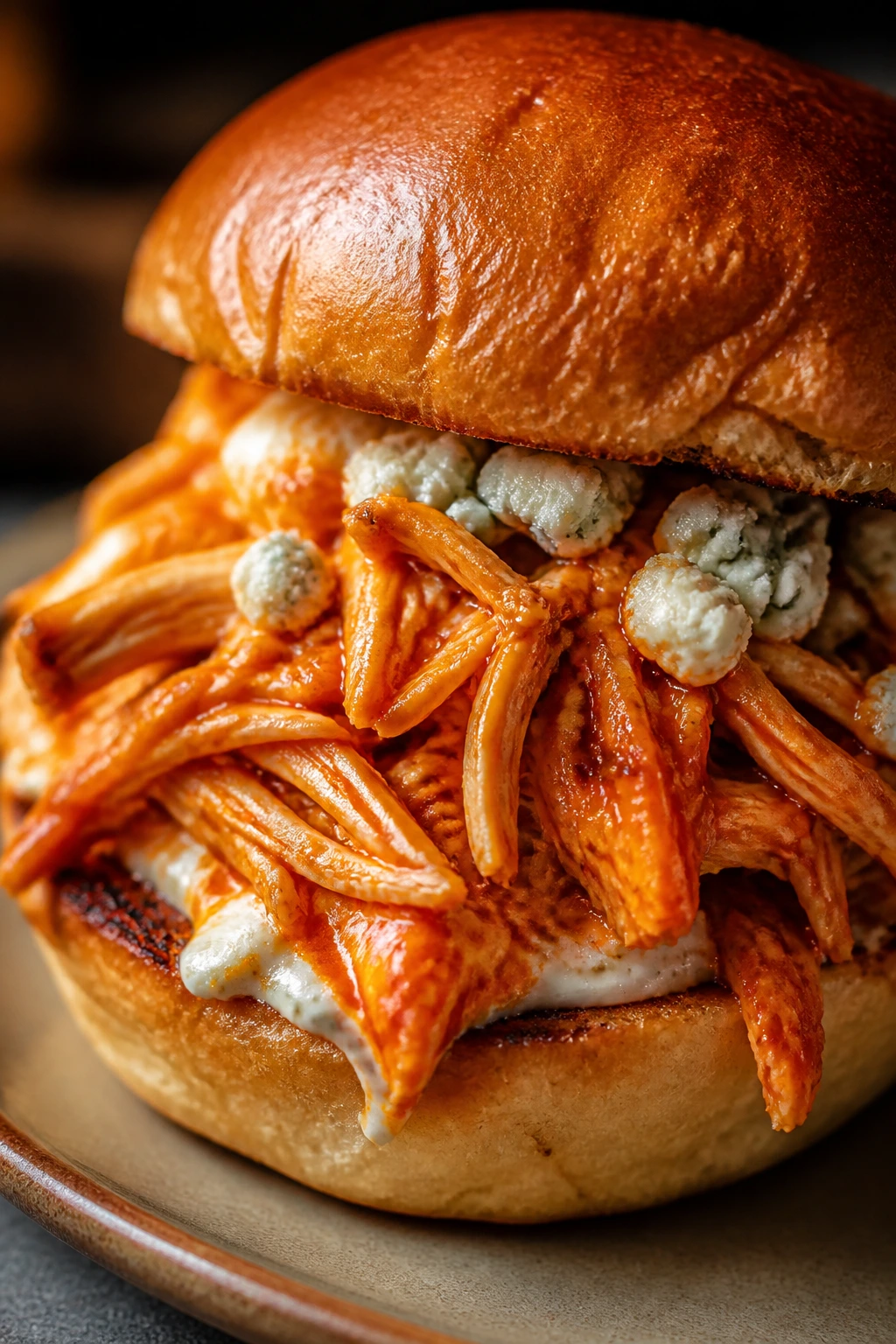 Buffalo chicken sandwich filling on toasted brioche bun with glossy sauce