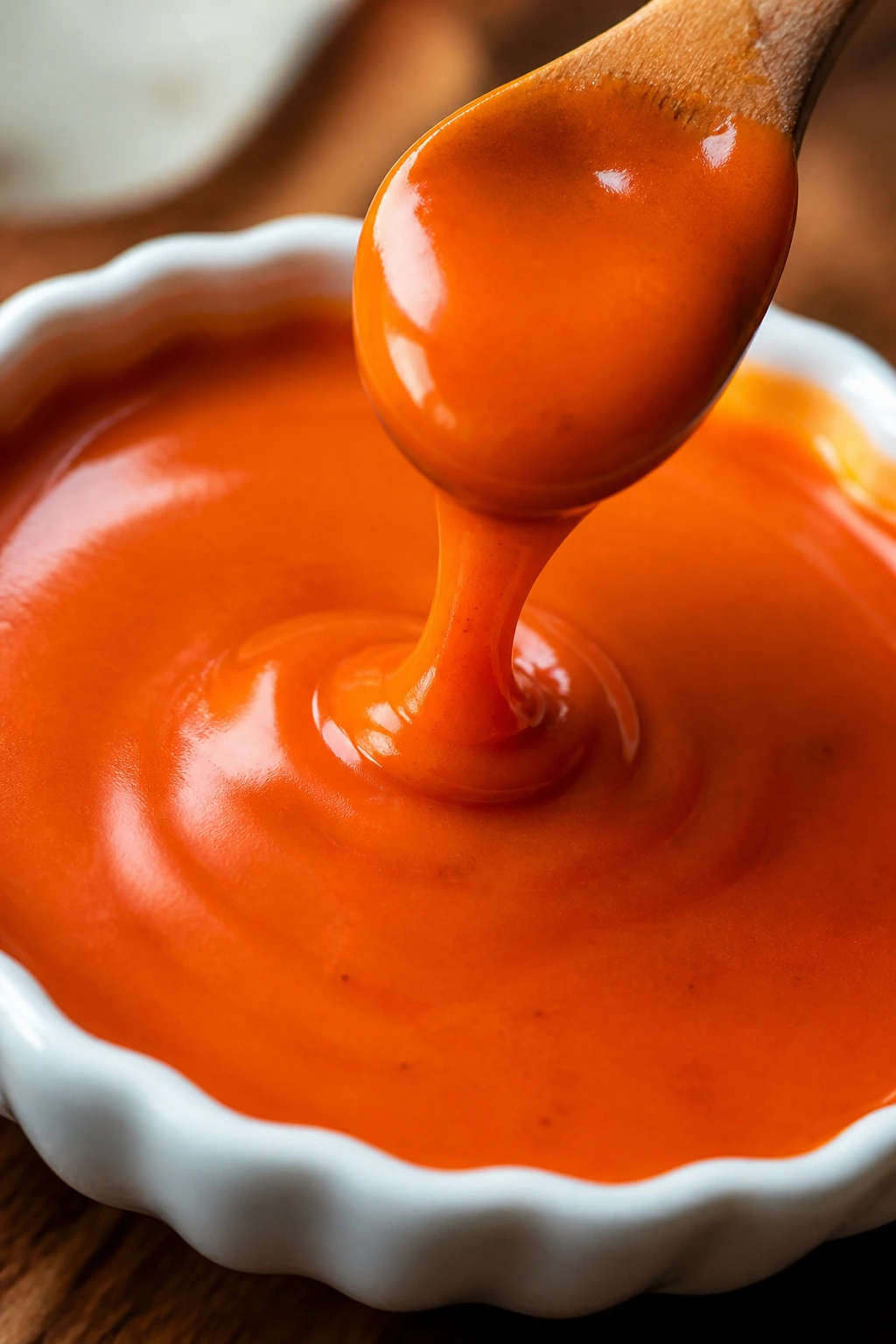 Glossy buffalo sauce base in a small dish.