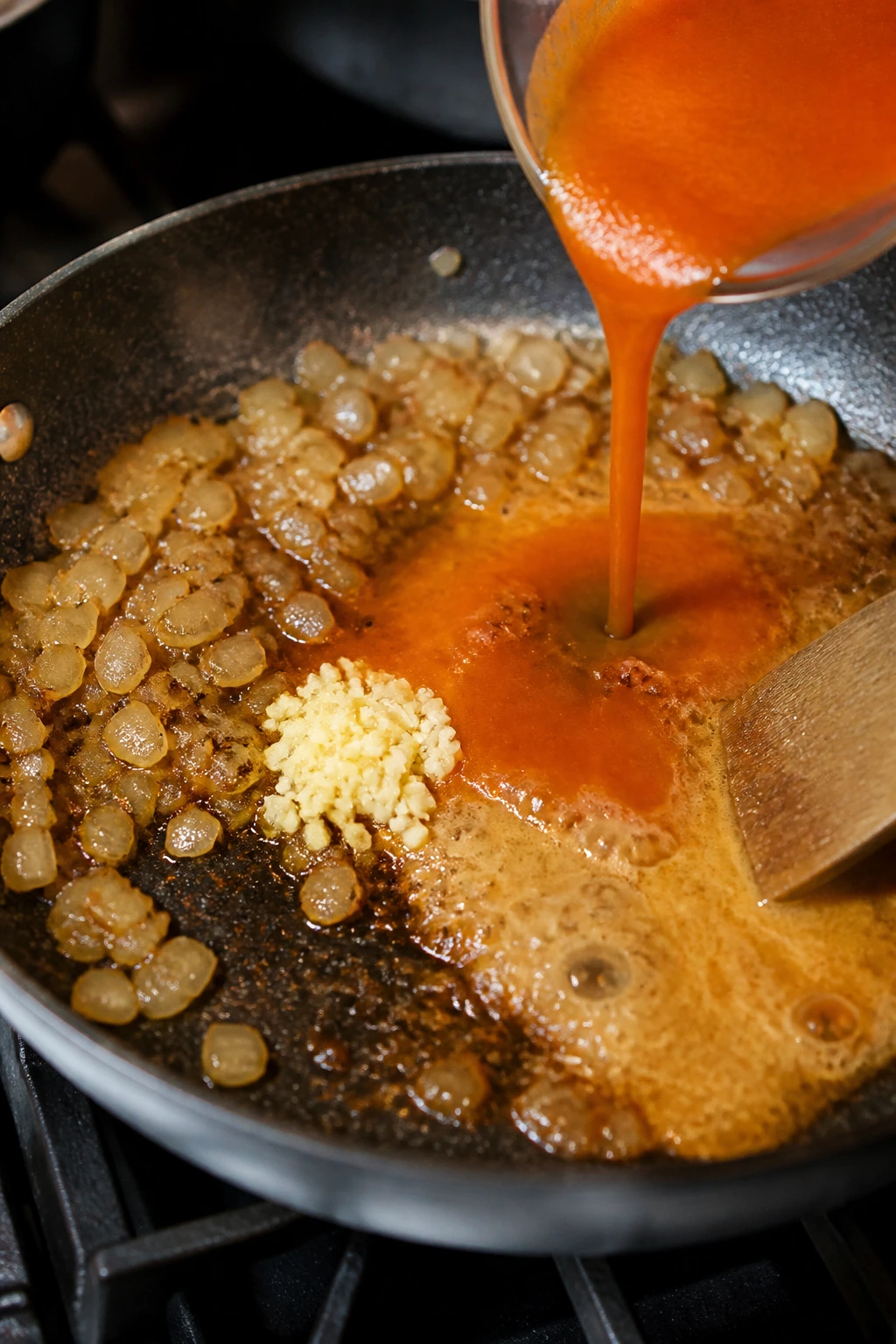 Close-up of onions browning and the start of a glossy pale orange buffalo sauce in a skillet