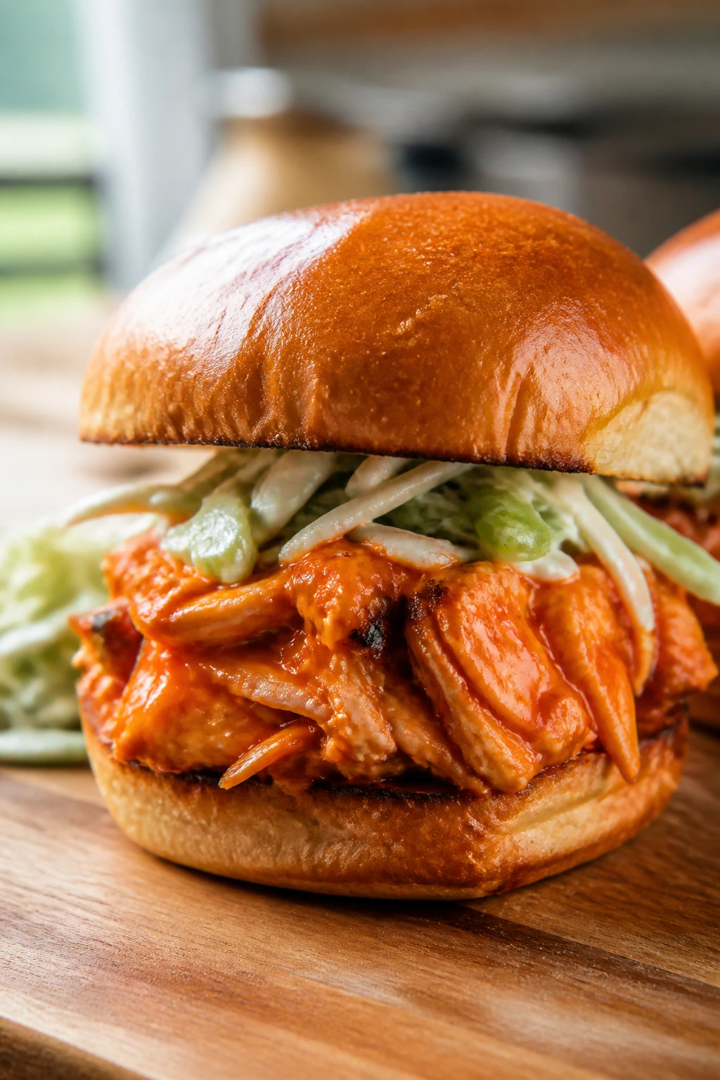 Close-up of a buffalo chicken slider with glossy sauce and slaw on a toasted bun