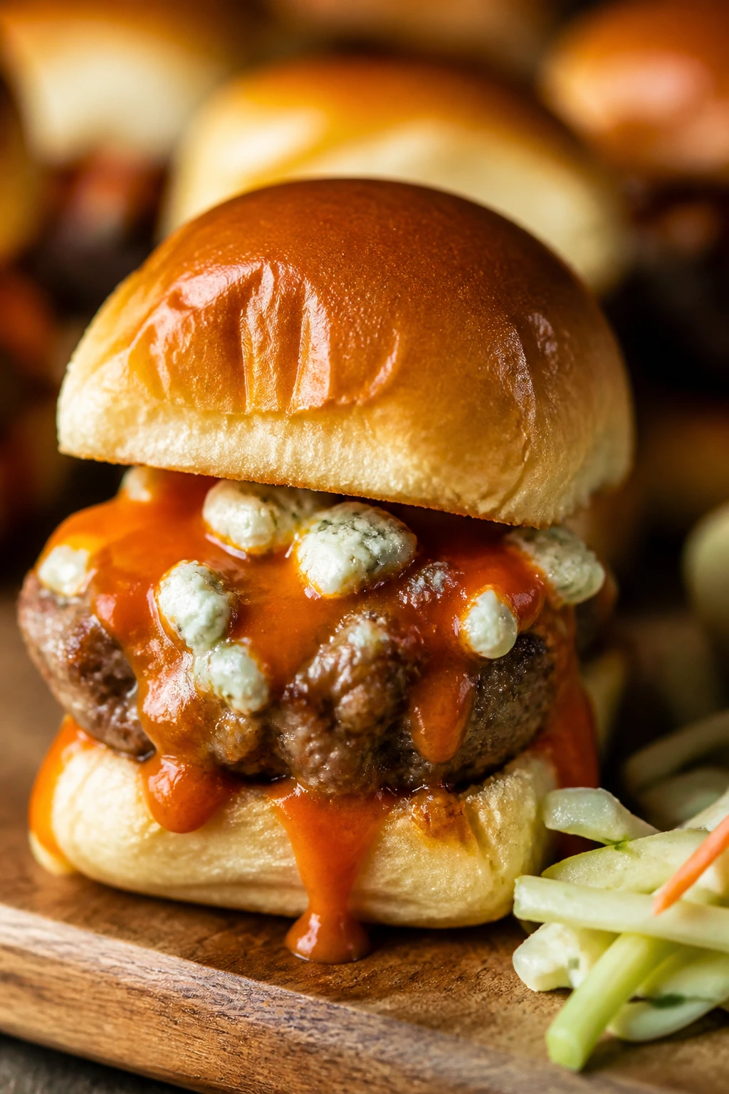 Close-up of a buffalo blue slider with blue cheese and buffalo sauce