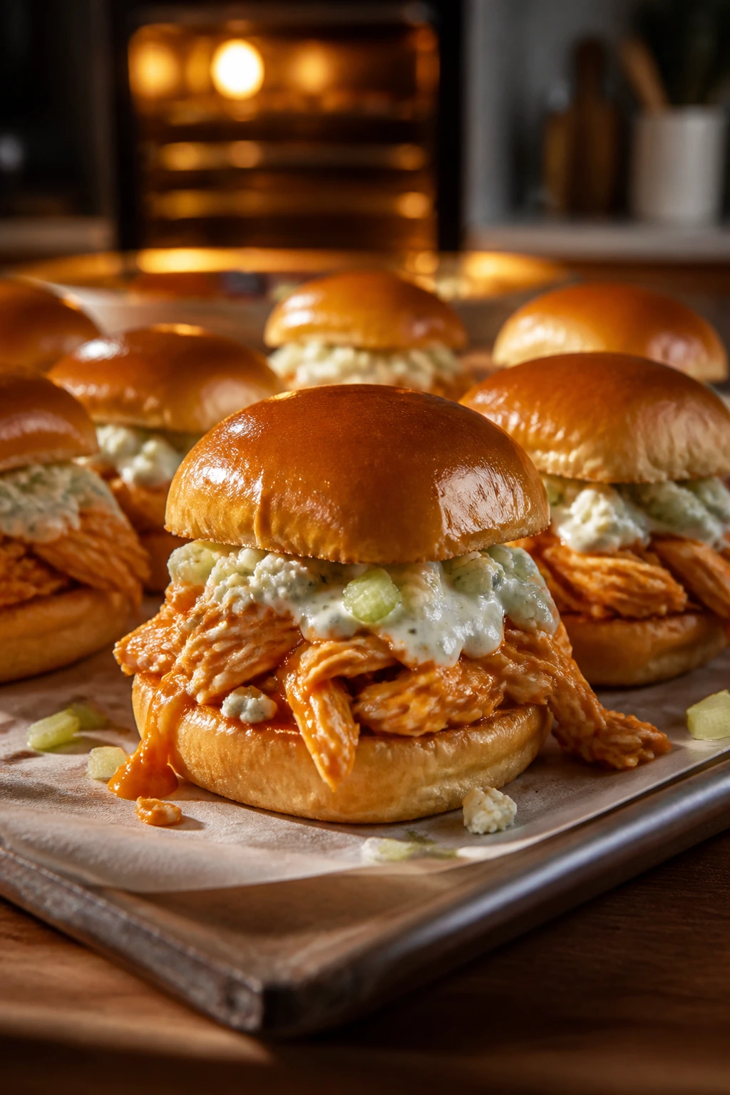 Close-up of bronzed buffalo chicken sliders on parchment in a warm kitchen