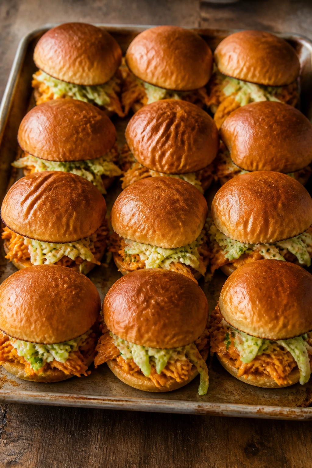Tray of buffalo chicken sliders on a wooden tray