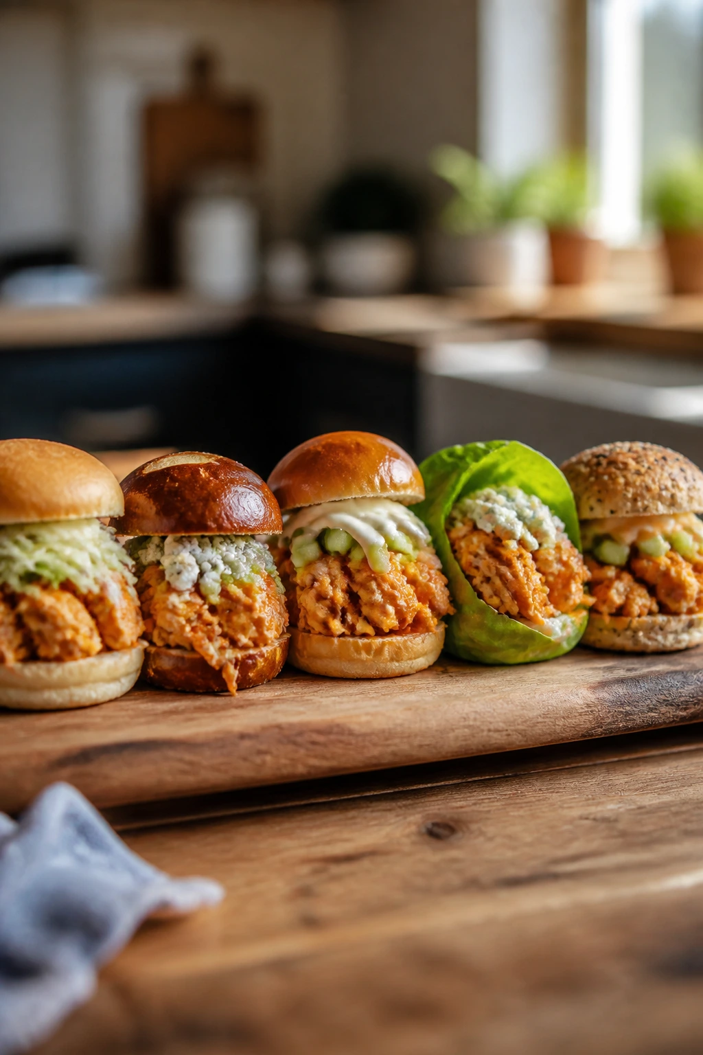 Row of buffalo chicken sliders with varied buns