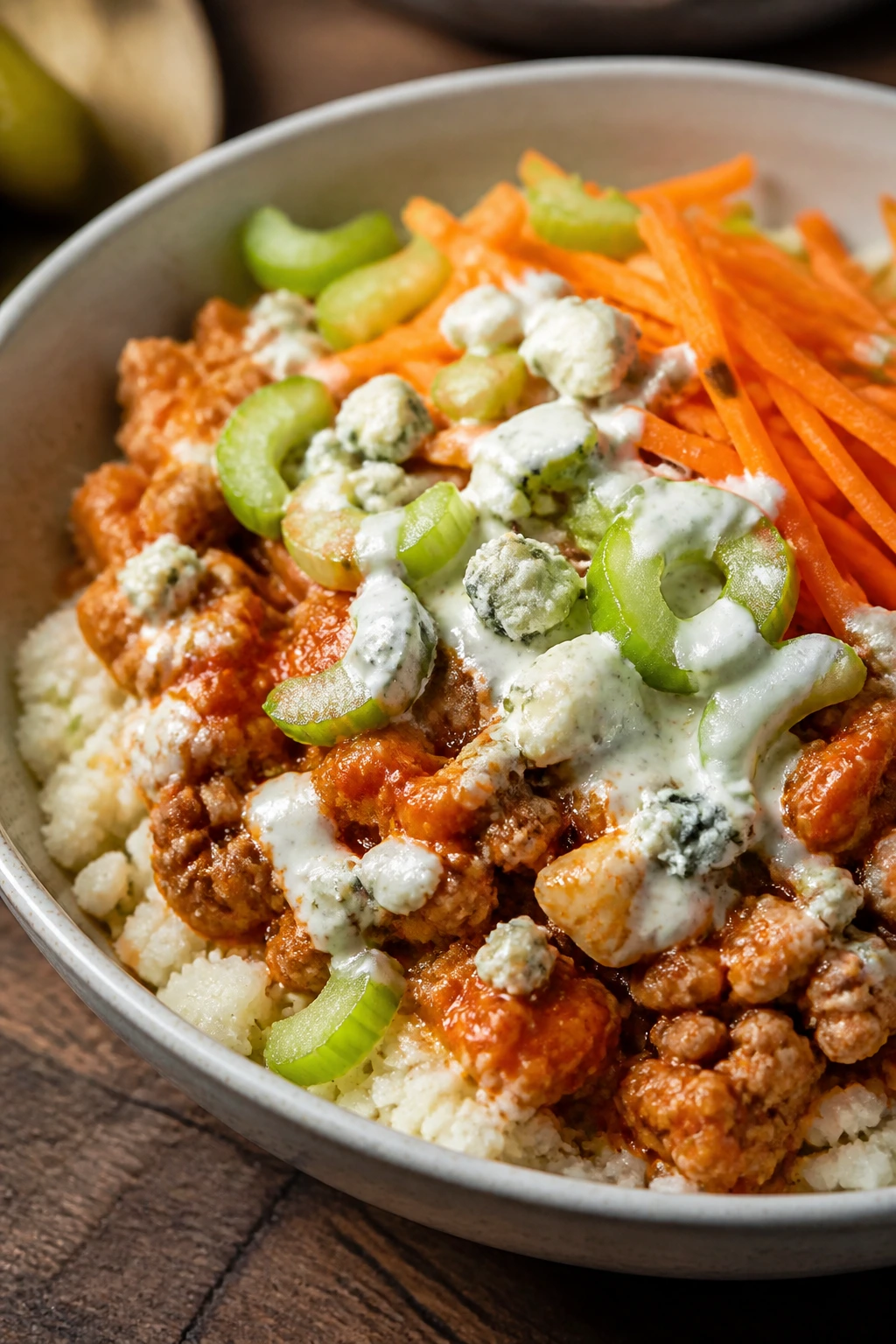 Close-up of buffalo turkey cauliflower bowls in a deep bowl with toppings.