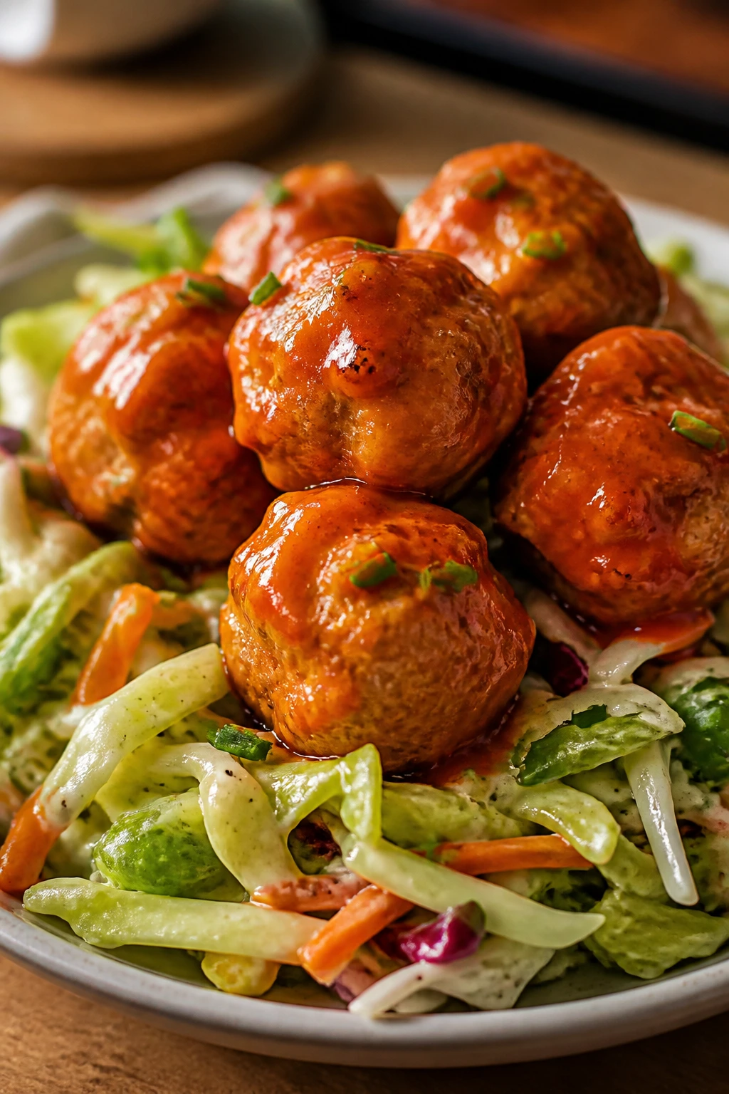 Buffalo turkey meatballs with celery slaw on plate