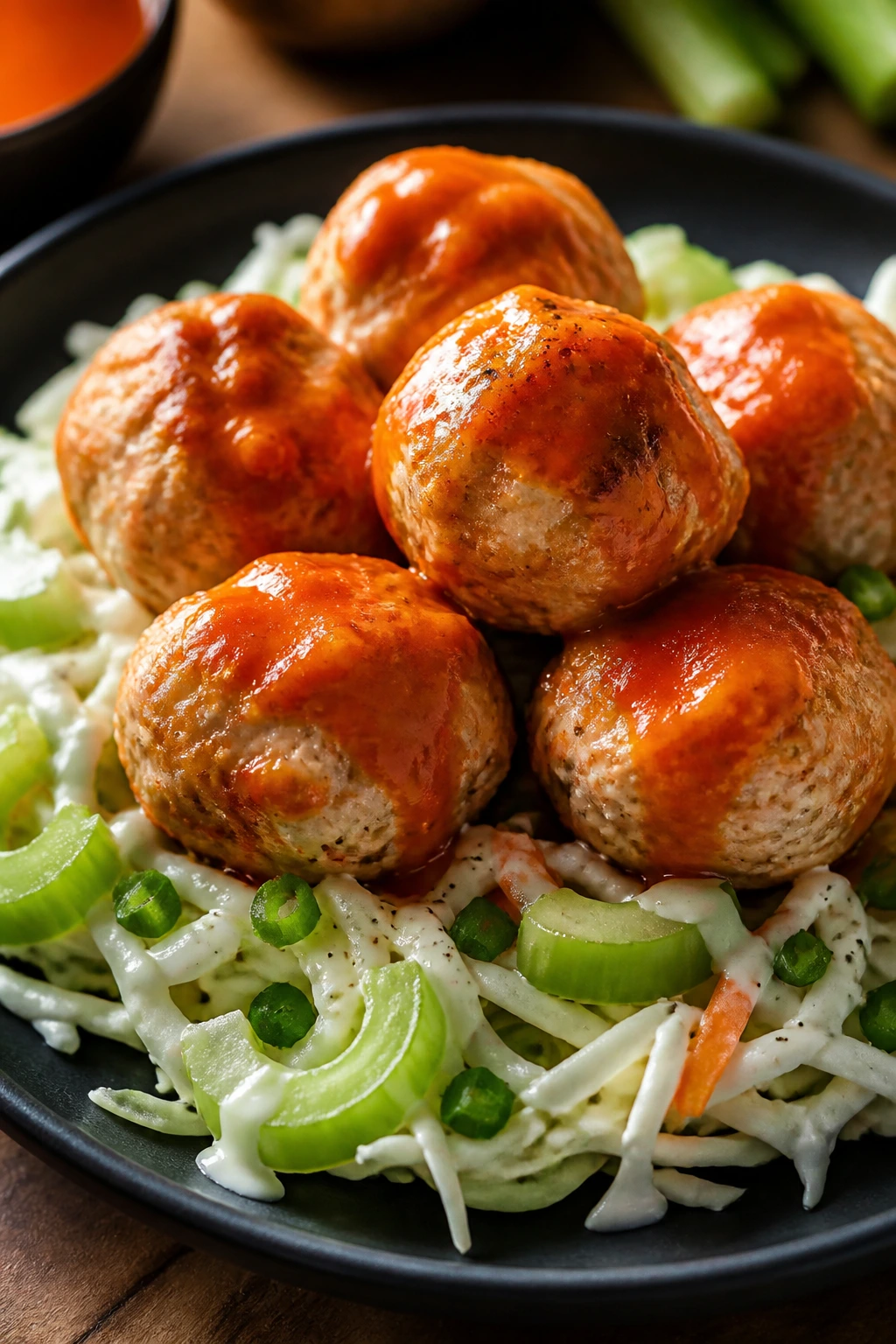 Close-up of buffalo turkey meatballs on celery slaw