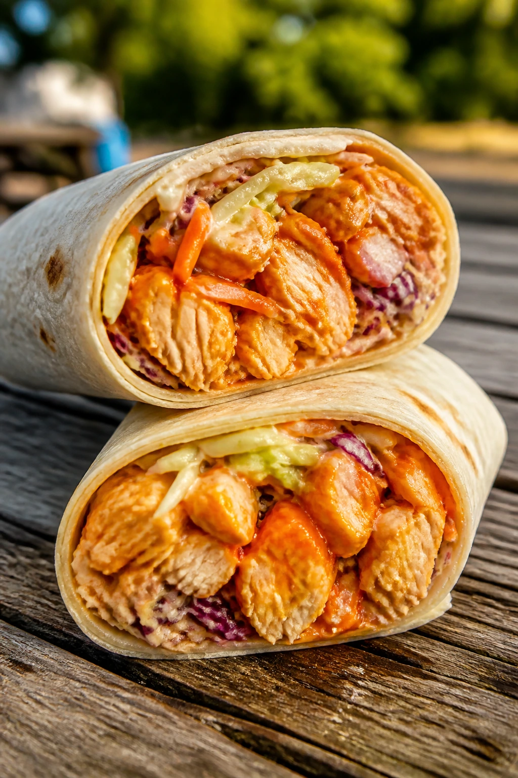 Close-up of Buffalo Chicken Slaw Wrap cross-section showing chicken and slaw