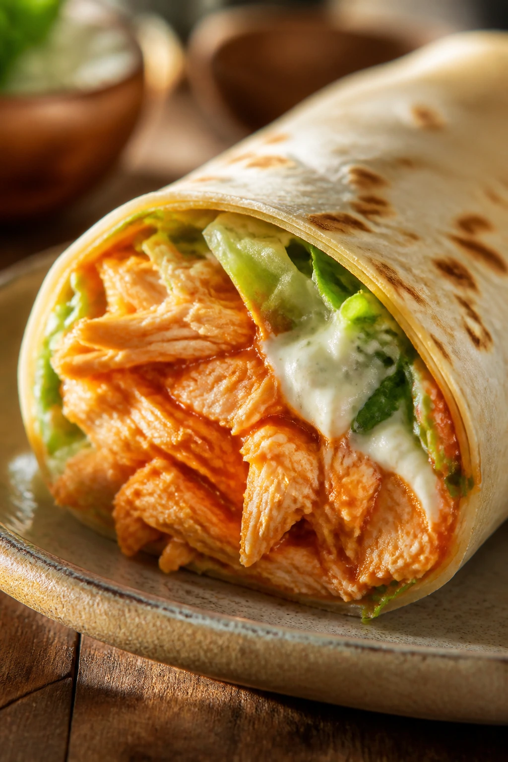Close-up of a buffalo chicken wrap cross-section on a plate