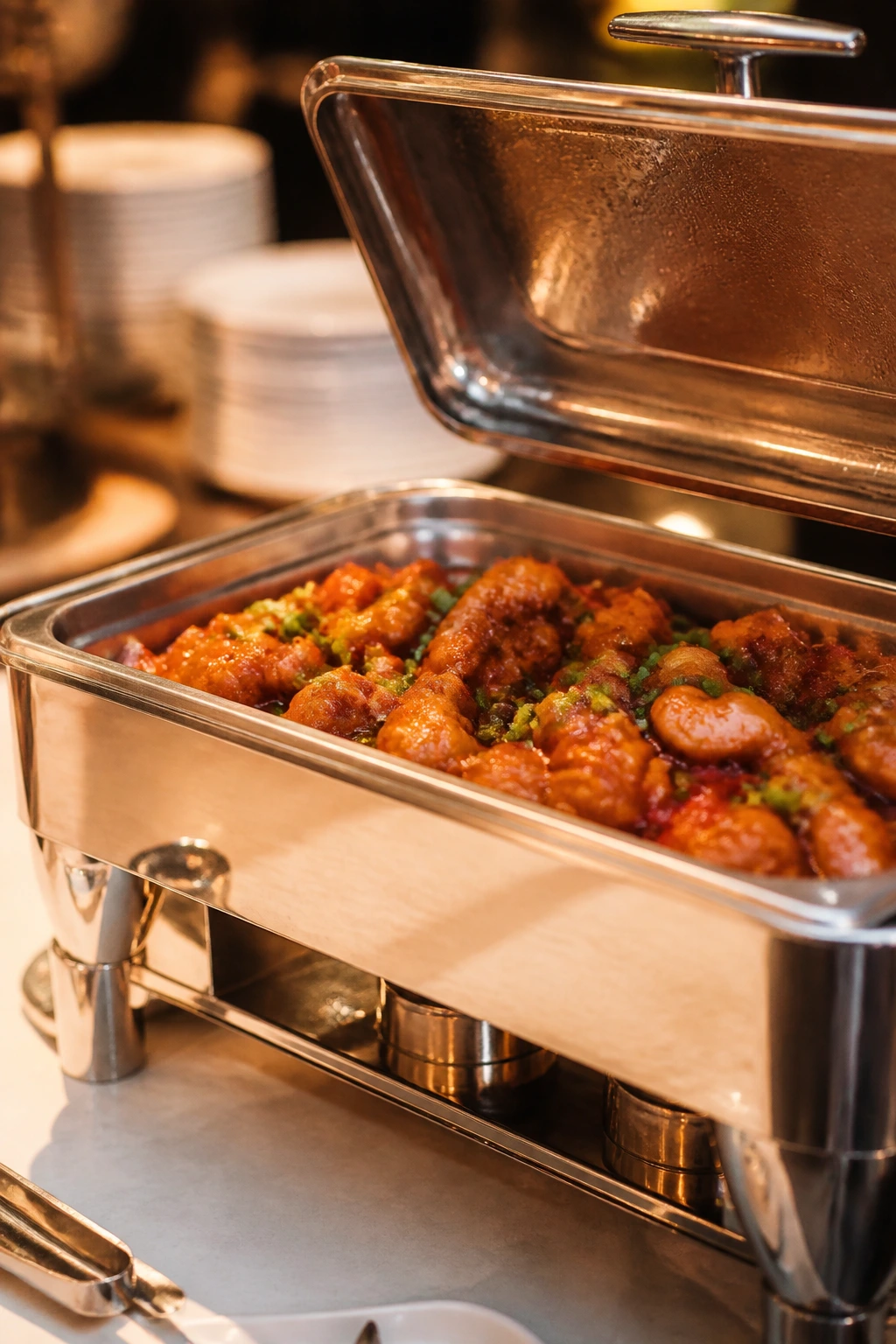 Chafing dish open on a buffet table with warm lighting