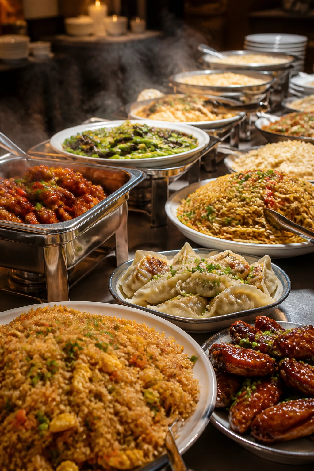 Buffet table with assorted Chinese potluck dishes ready to travel