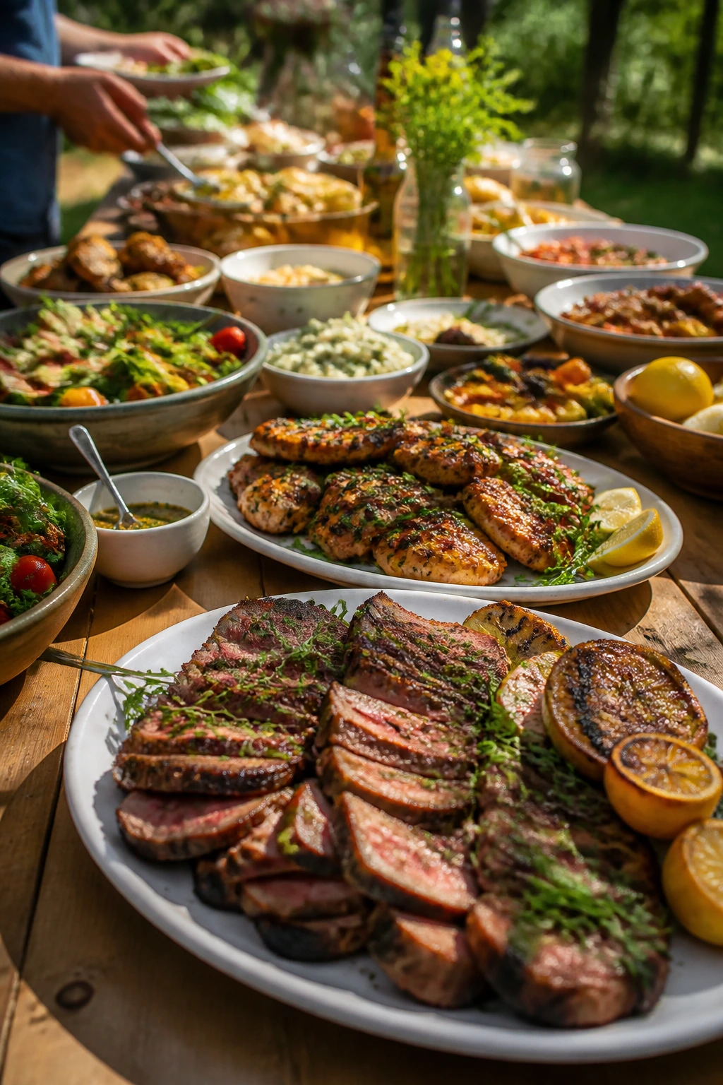 Buffet-style lineup of grilled meats and sides on a sunny backyard table