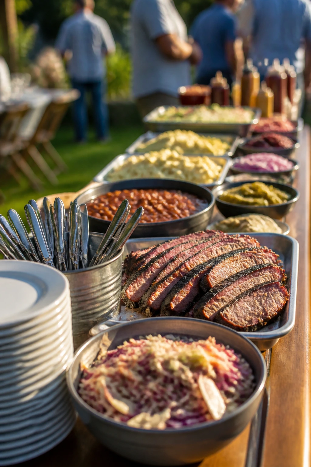Neat outdoor buffet line showing ordered progression of items