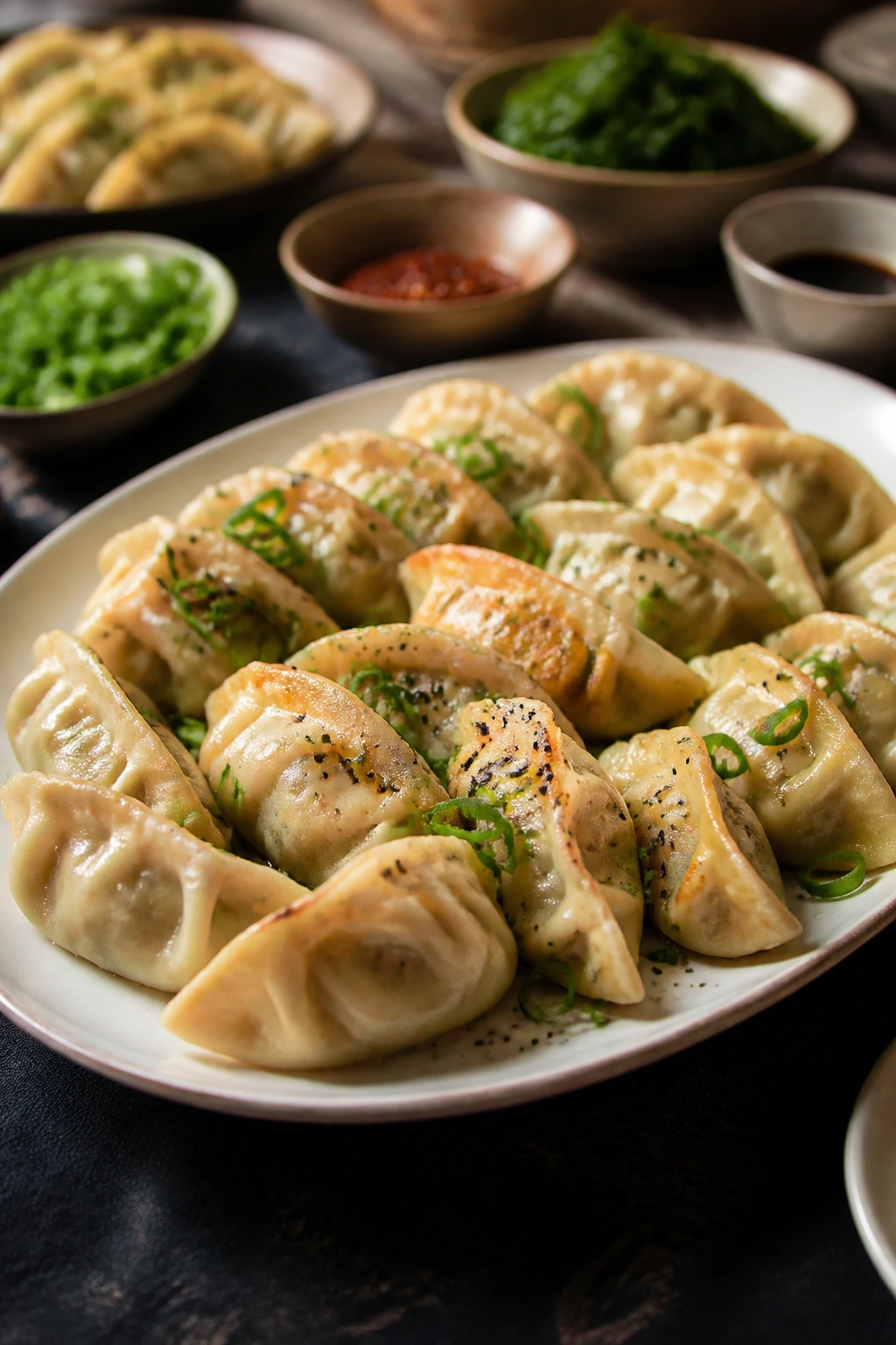 Elegant platter of dumplings on a buffet table with garnishes