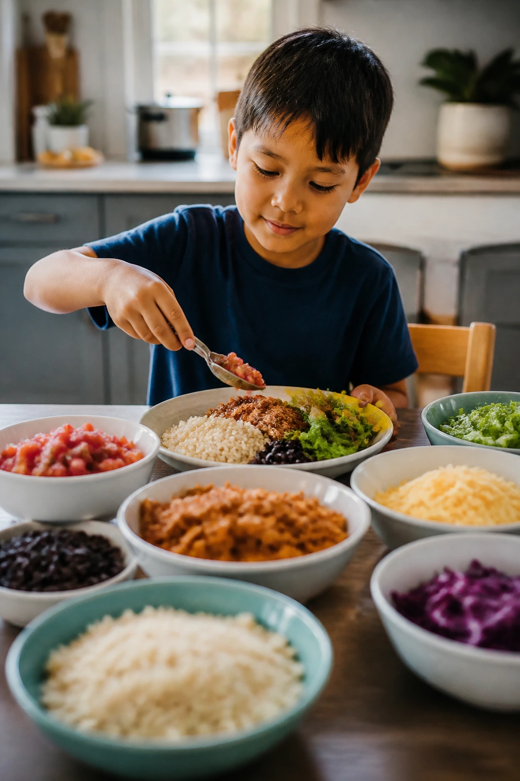 Child assembling a plate from separate bowls