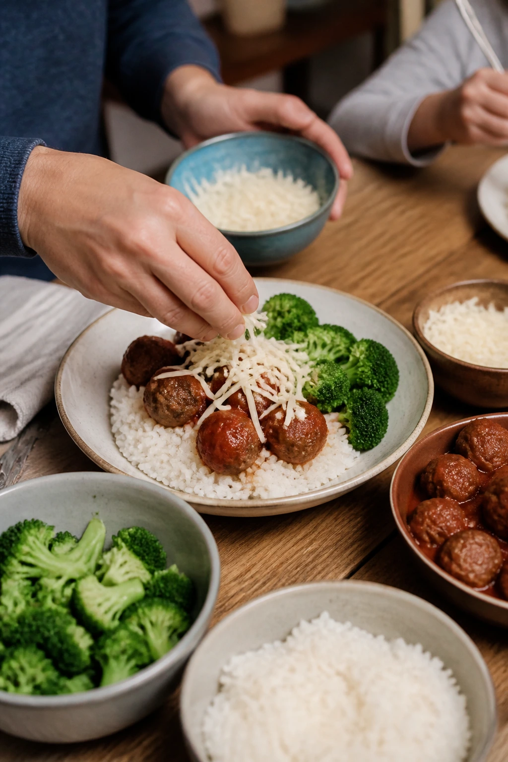 Hands building a customizable dinner bowl with add-ins