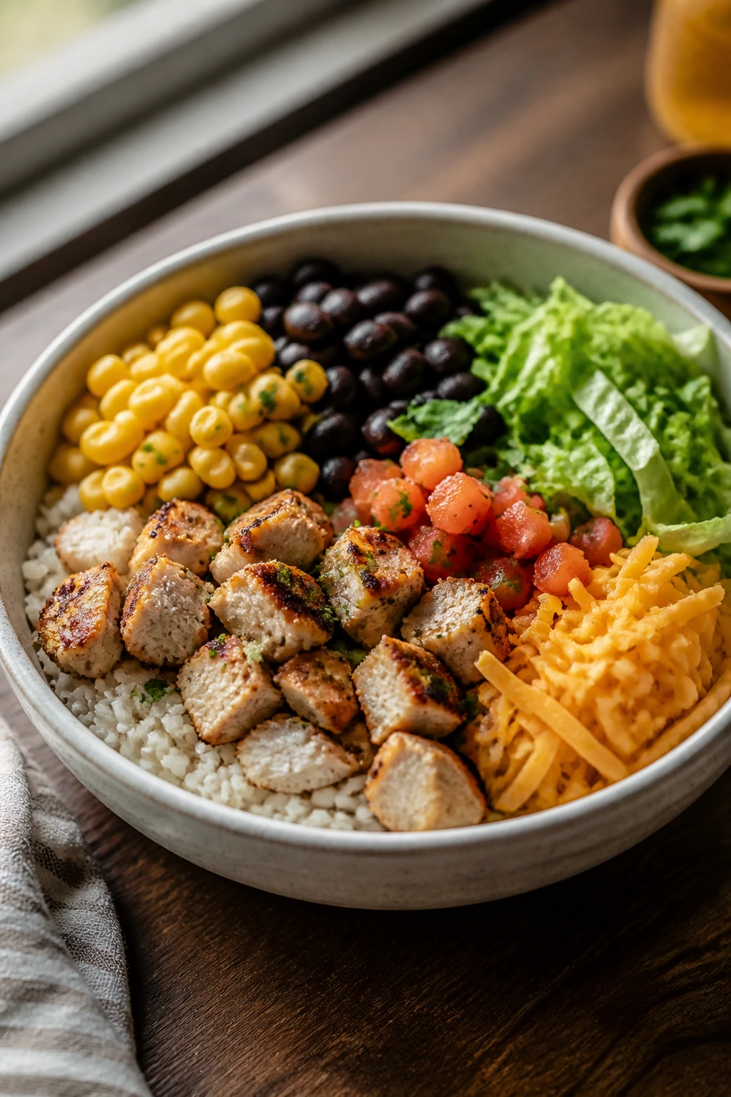 Rice bowl with toppings like chicken, corn, beans, lettuce, and cheese
