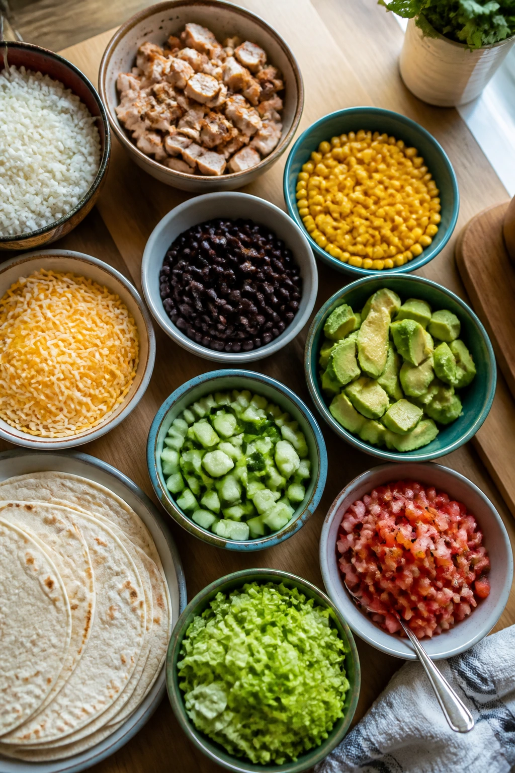 Top-down view of build-your-own bowls and tacos with colorful toppings for kids.