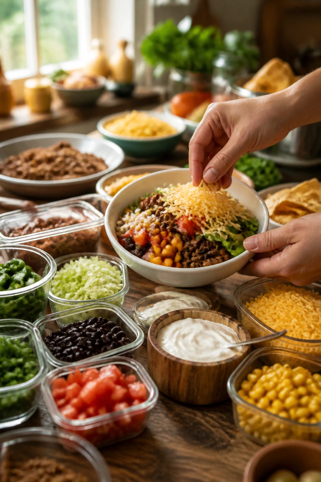 Close-up of Build-Your-Own dinner bowls with toppings in a warm kitchen