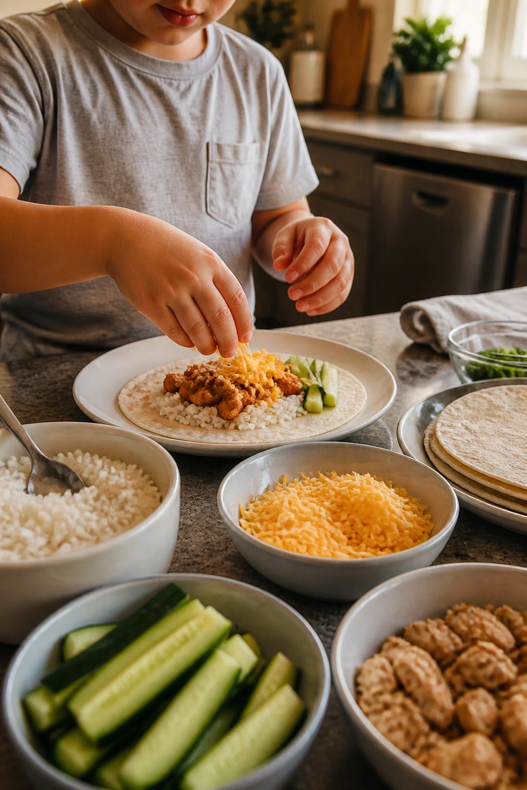 Close-up of a child assembling a personalized dinner plate in a cozy kitchen