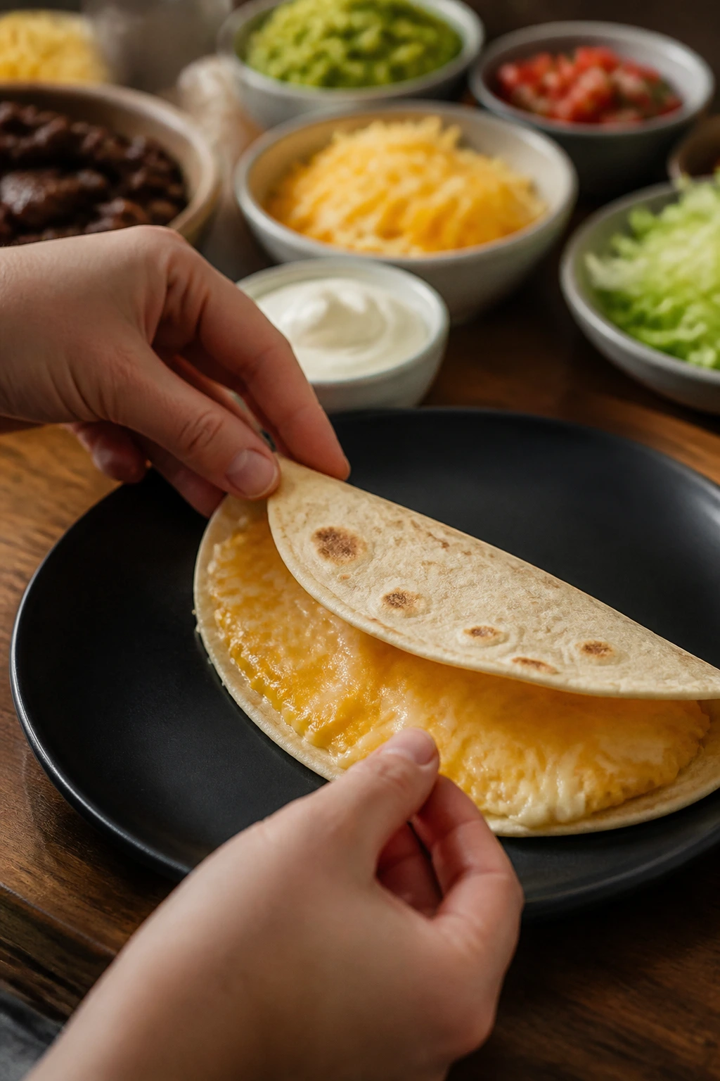 Hands folding a tortilla for a build-your-own taco at dinner