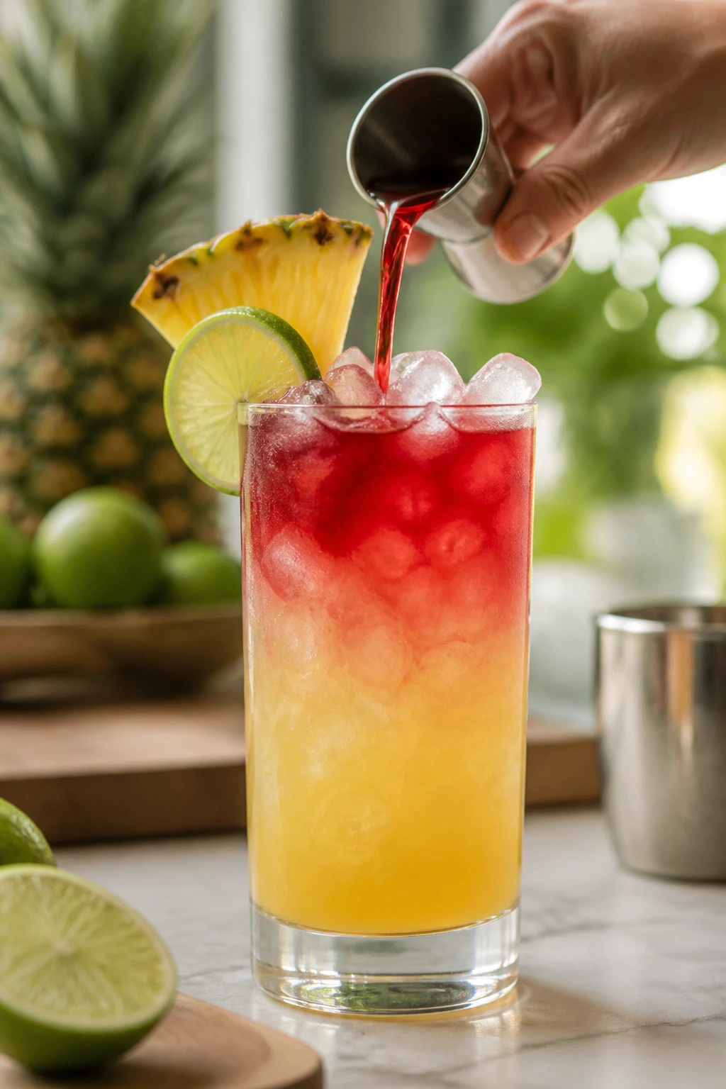 Chilled Malibu Bay Breeze built in a highball glass with ice and garnish on rim.