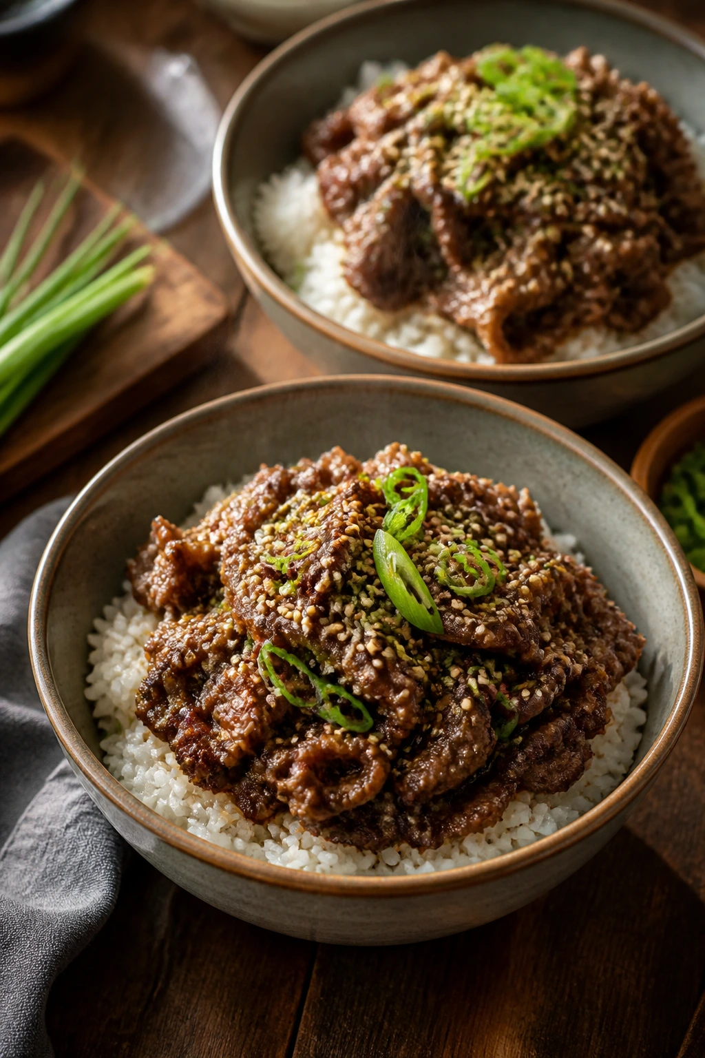 Two bowls of bulgogi over rice on a wooden table
