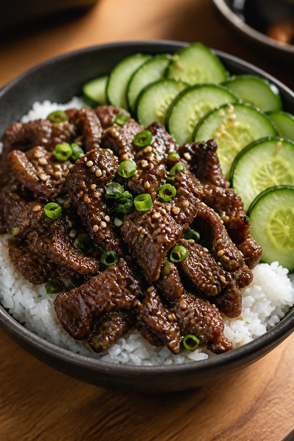 Close-up of bulgogi beef rice bowl with cucumber and sesame on wooden table