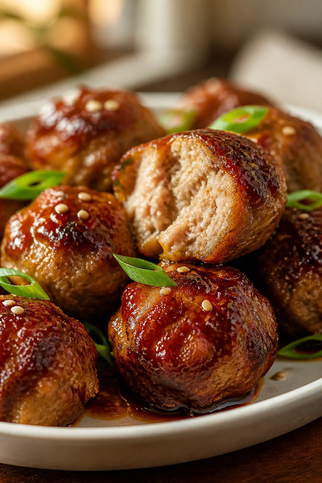 Bulgogi chicken meatballs with pear glaze on plate