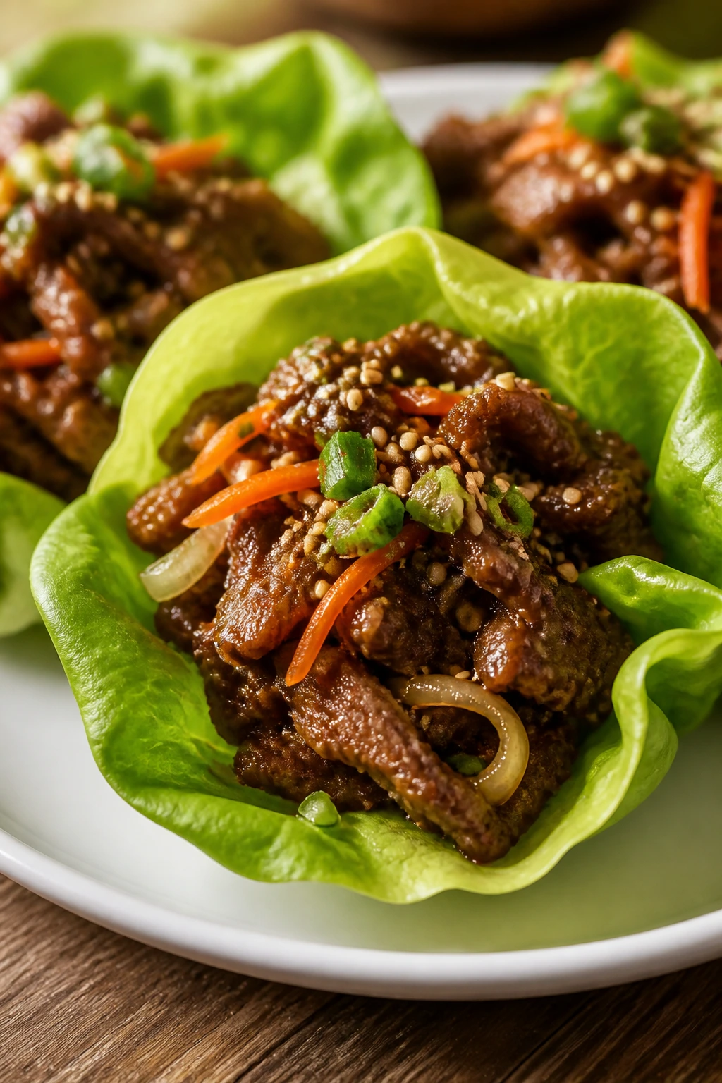 Beef bulgogi lettuce cups with glossy beef in crisp lettuce