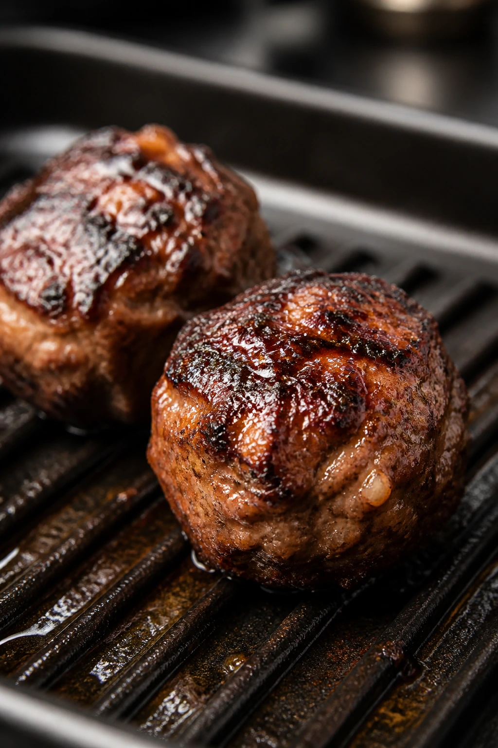 Charred bulgogi meatballs with glaze on a grill pan