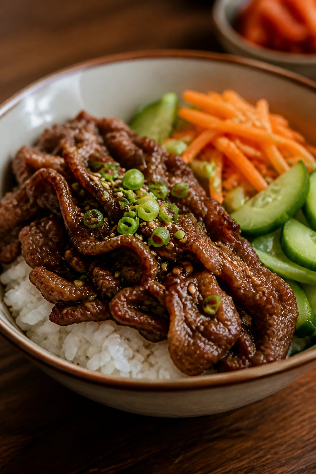 Close-up bulgogi rice bowl with pear marinade and vegetables