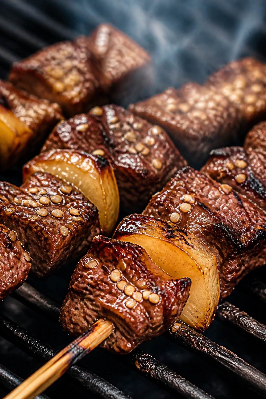 Beef bulgogi skewers with sesame seeds and pear glaze on a grill