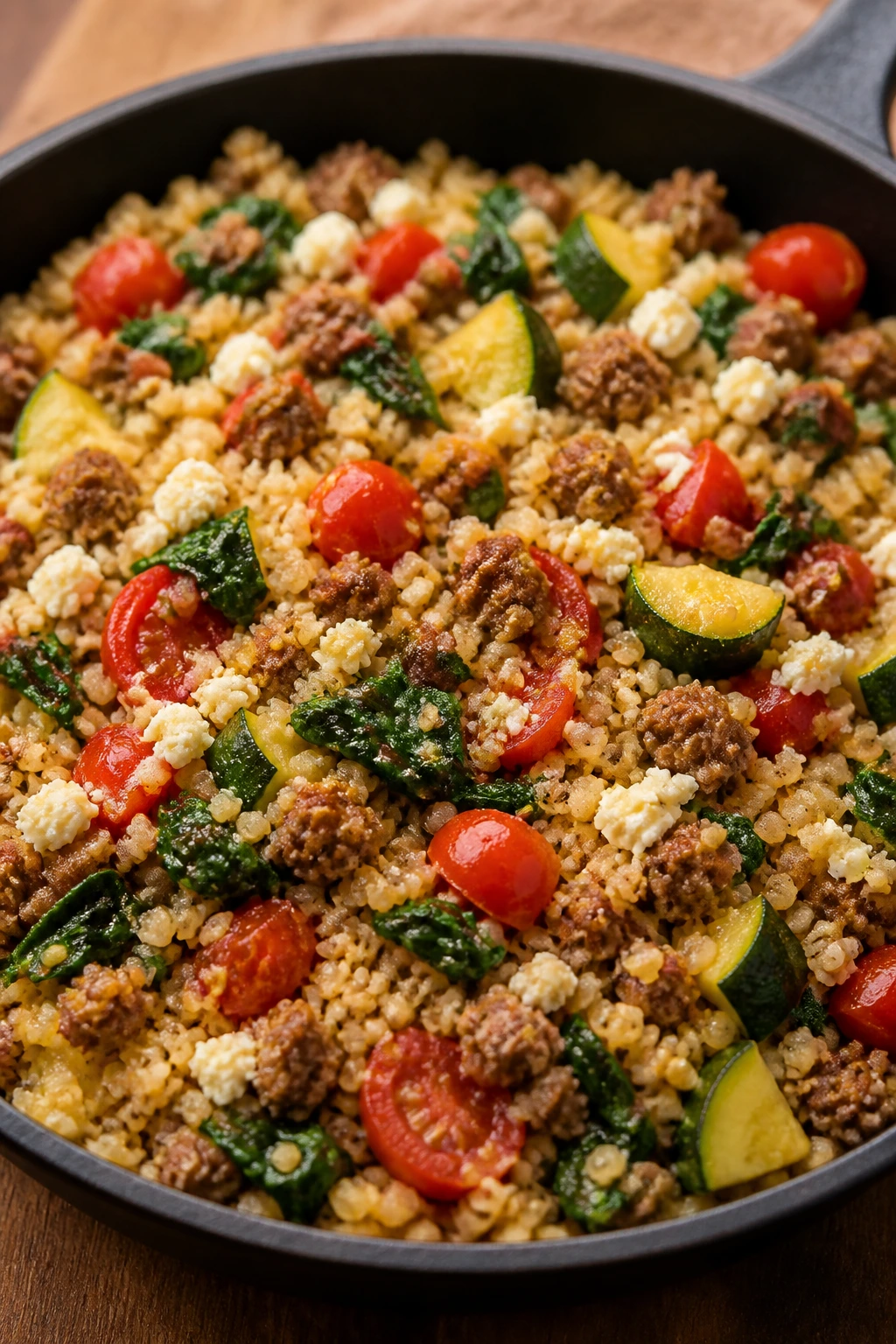 Close-up of Greek beef and bulgur skillet with vegetables and spinach.
