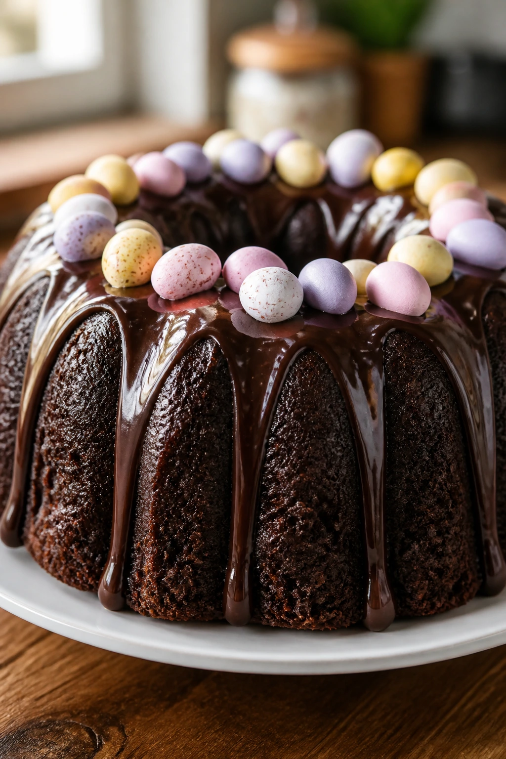 Close-up of a dark chocolate Bundt cake with pastel mini eggs on top, glossy glaze, in a warm kitchen.