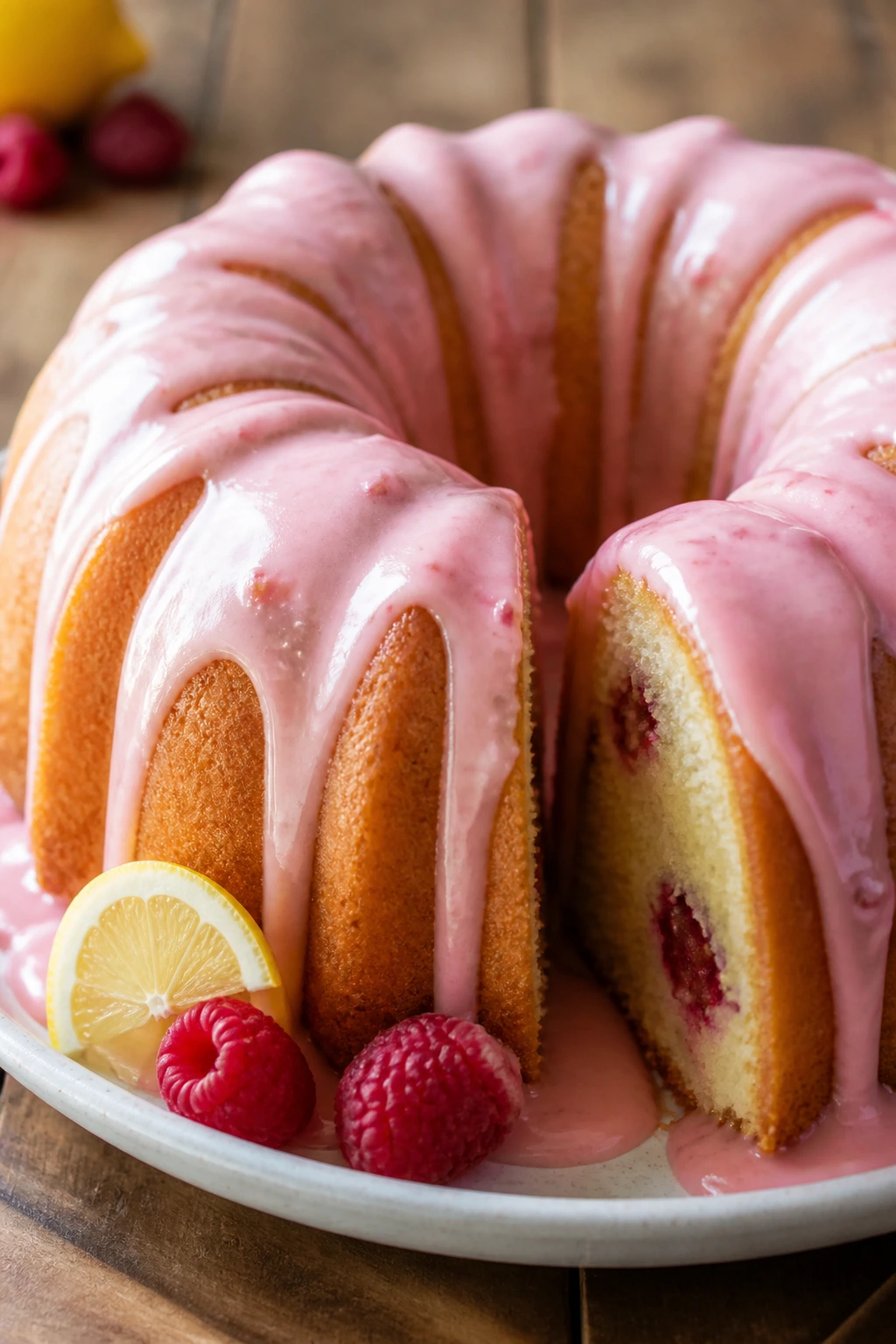 Close-up of a pale lemon-raspberry Bundt cake with pink glaze in a rustic kitchen