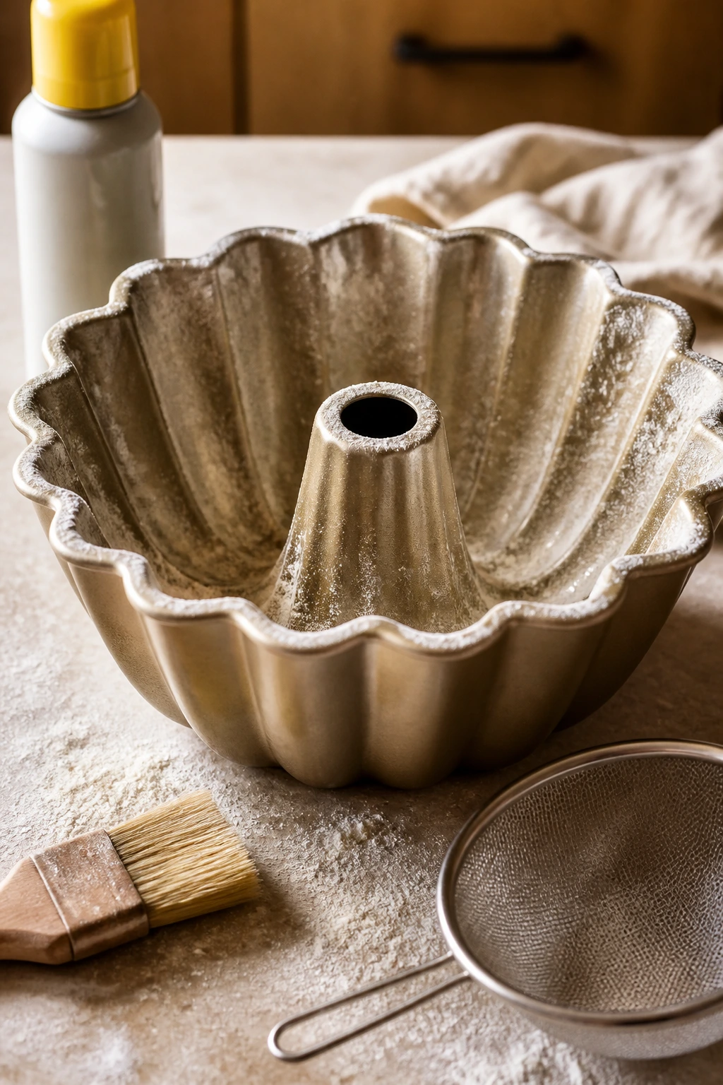 Bundt pan with baking spray and tools on a flour-dusted counter