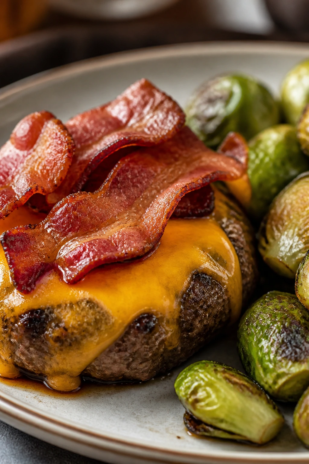 Bunless bacon cheeseburger with Brussels sprouts on a plate