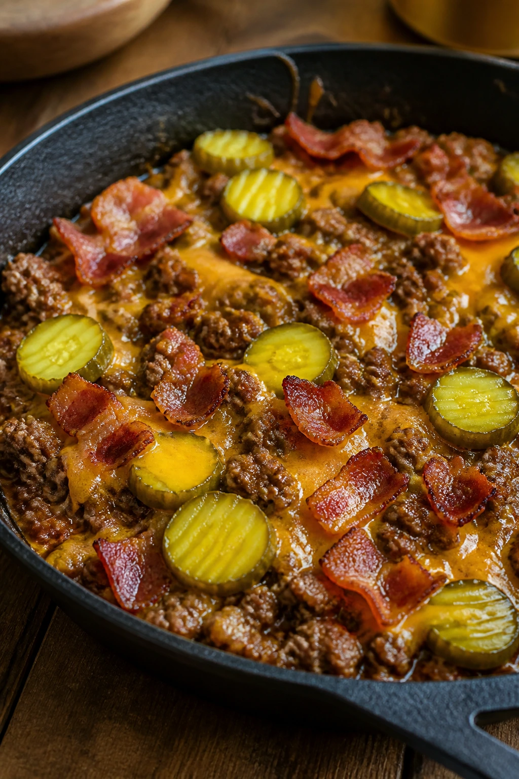 Skillet with bacon cheeseburger components and pickles on a stove